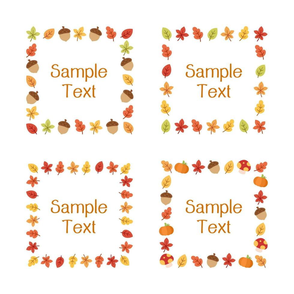 Autumn square frame with leaves, acorns and pumpkins set. Modern vector illustration. Halloween, Thanksgiving border template.