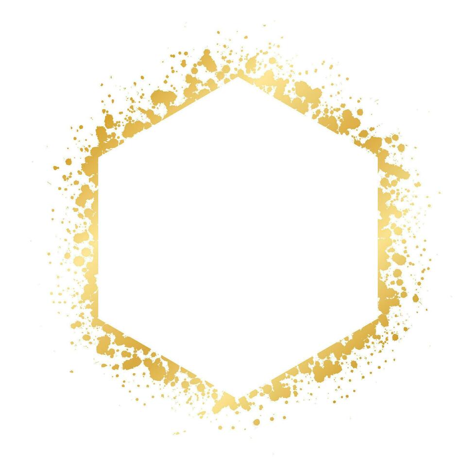 Abstract Hexagon Gold Ink Splatter Frame. Golden foil spray geometric border template. vector