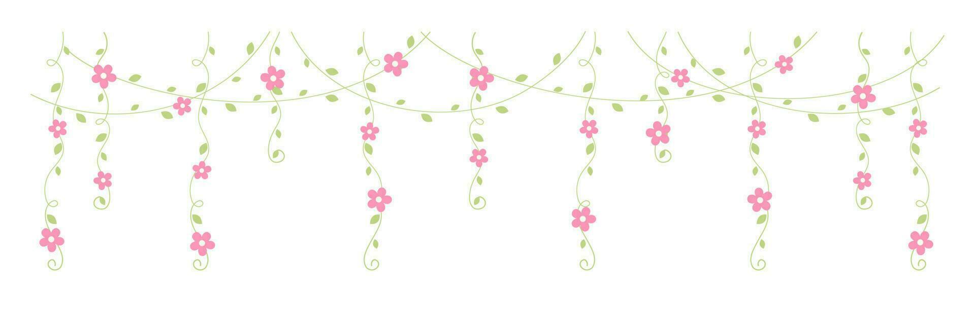 Hanging vines with pink flowers vector illustration. Simple minimal floral botanical vine curtain design elements for spring.