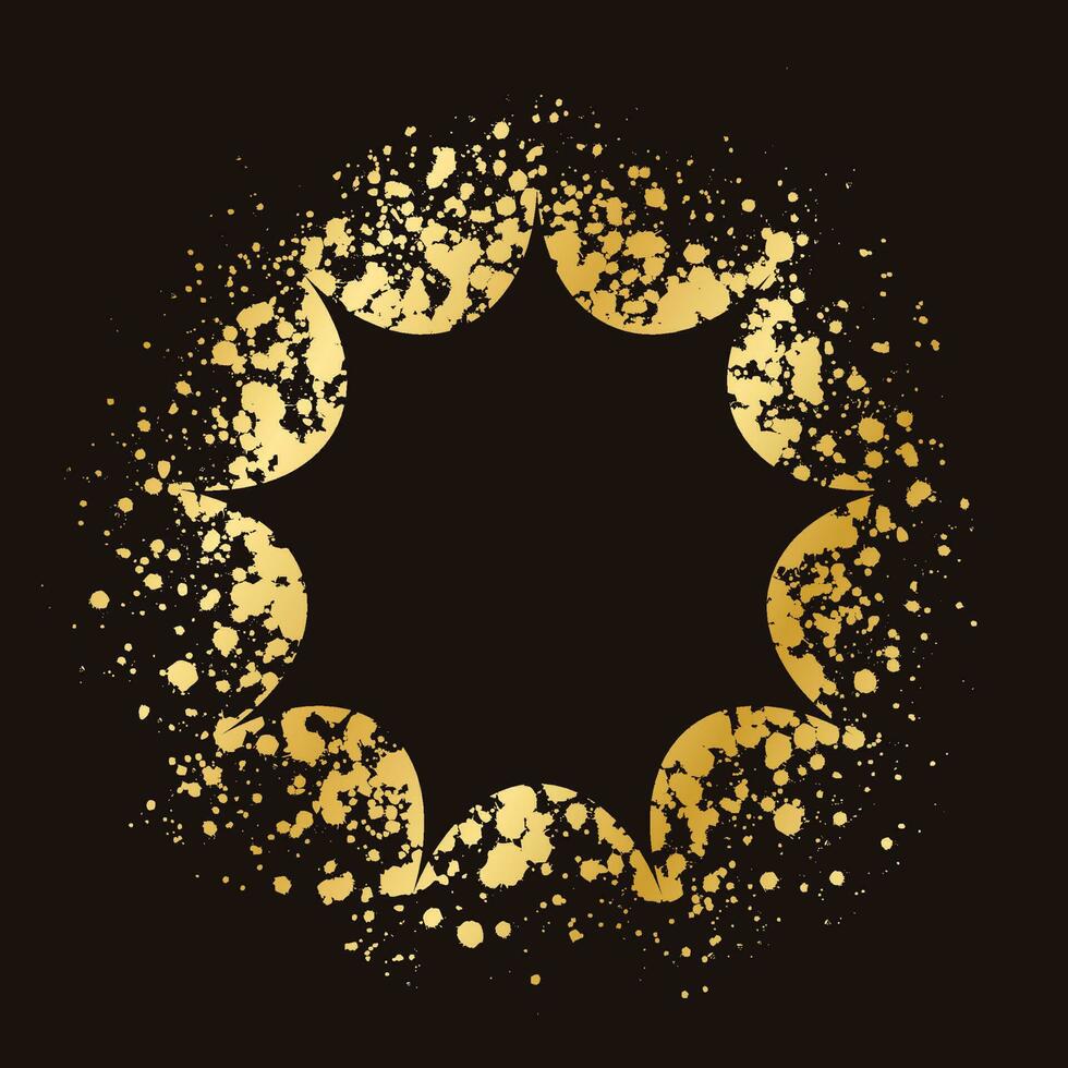 Abstract explosion shape gold ink splatter frame. Golden paint spray graffiti stencil border template. vector