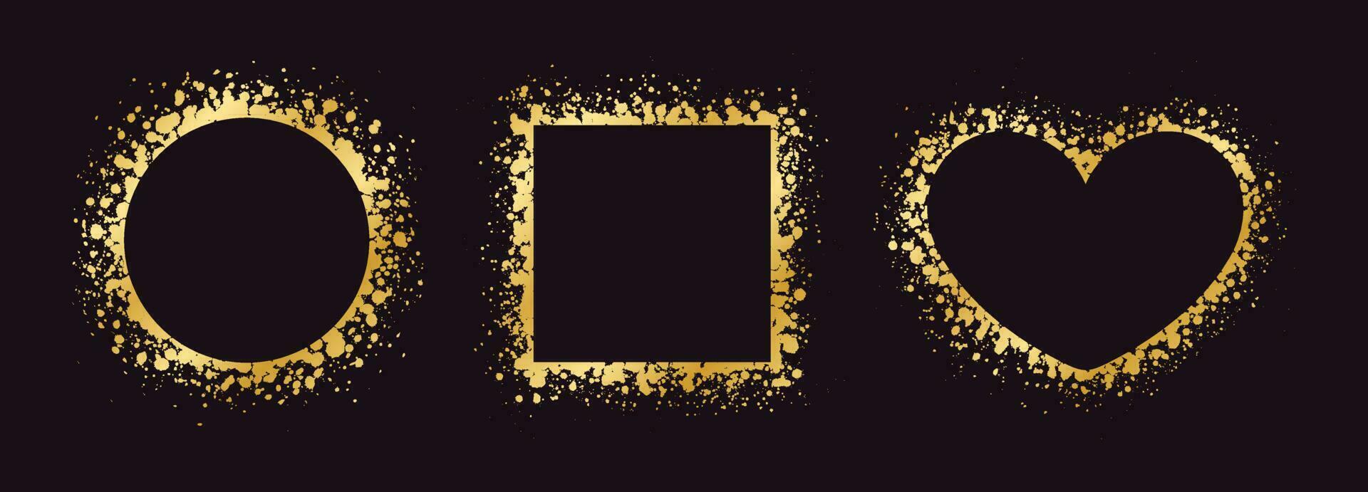 Abstract Gold Ink Splatter Frame Set. Golden foil spray geometric border template. vector