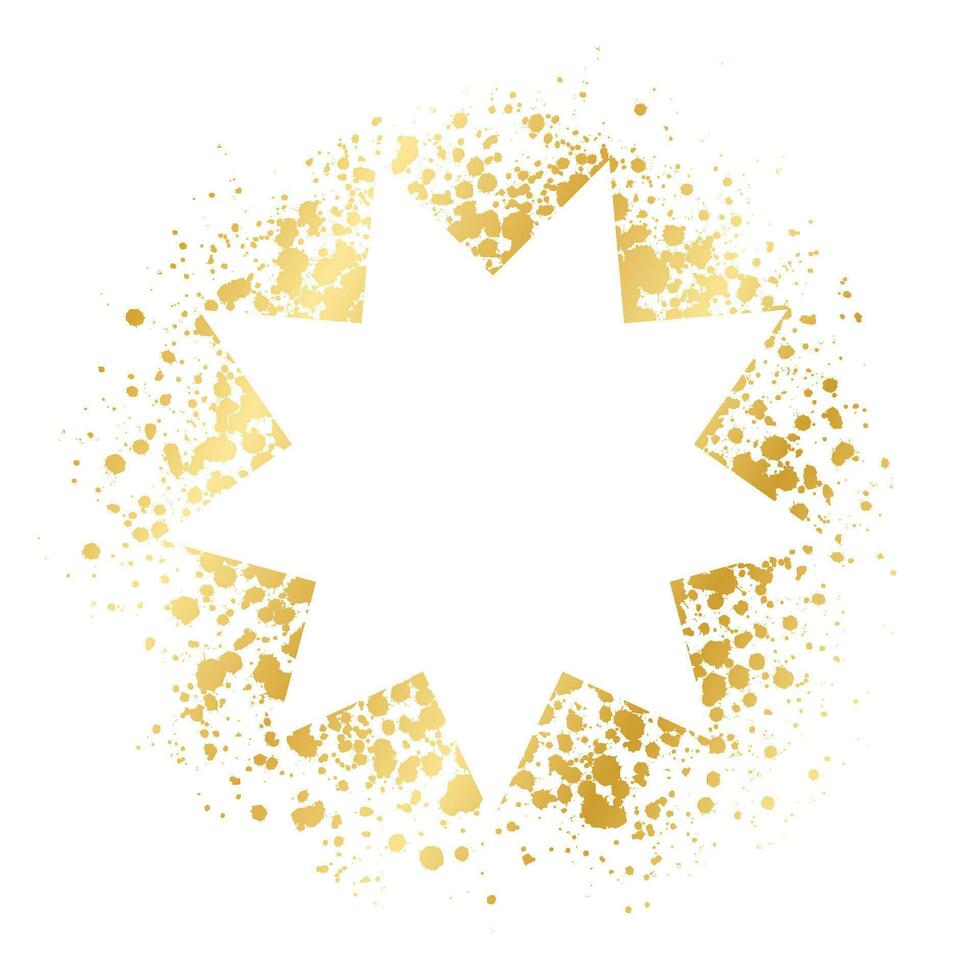Abstract explosion shape gold ink splatter frame. Golden paint spray graffiti stencil border template. vector