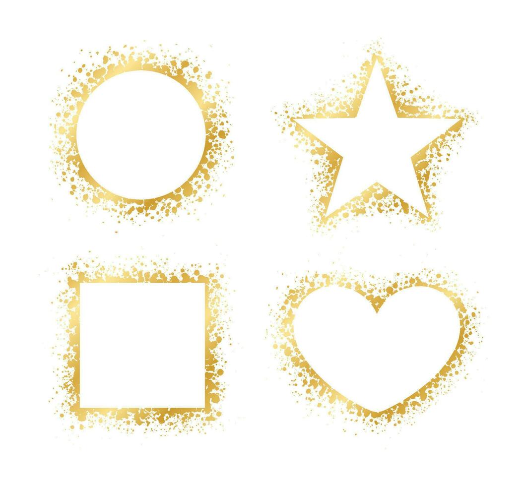 Abstract Gold Ink Splatter Frame Set. Golden foil spray geometric border template. vector