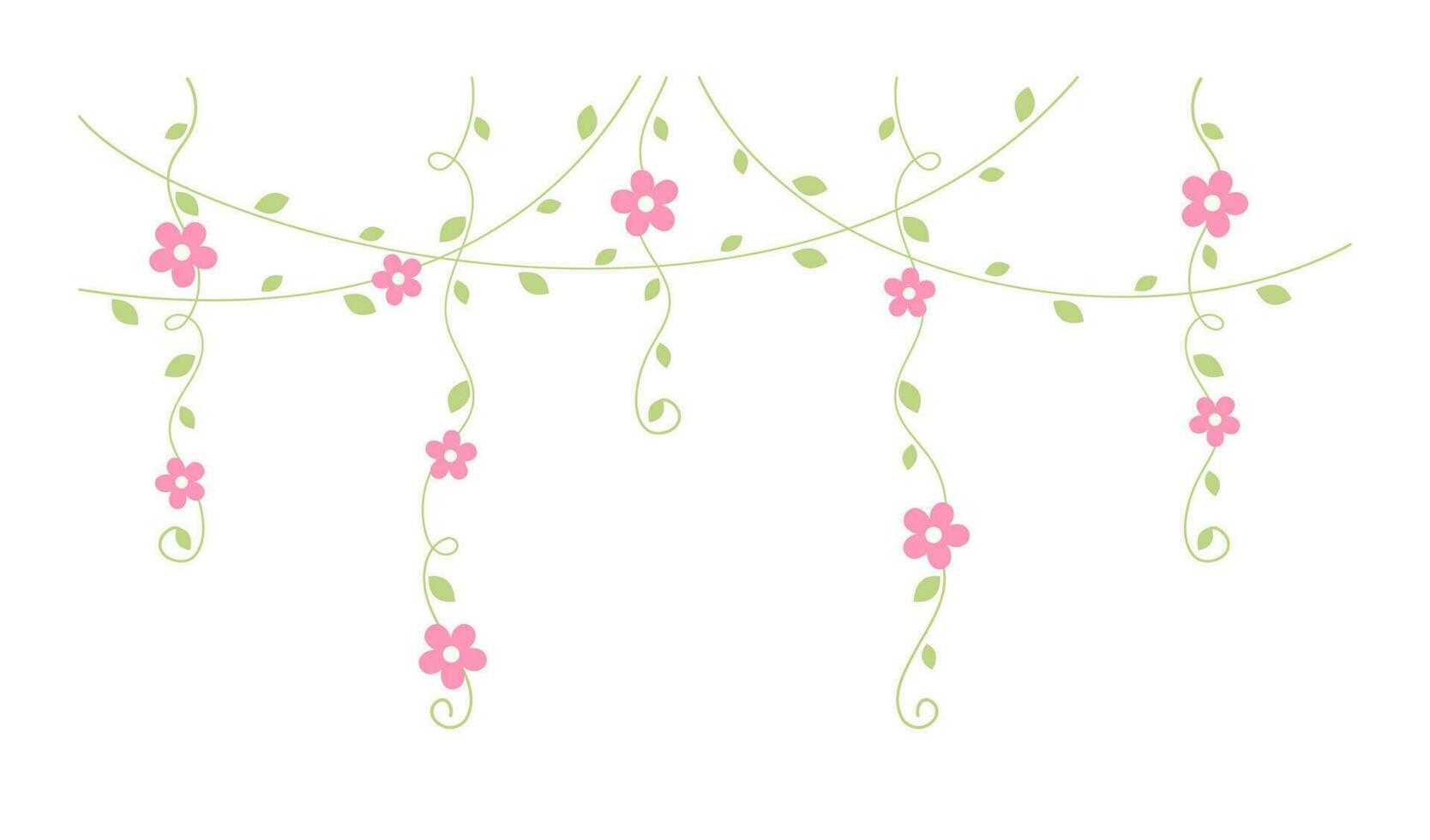 Hanging vines with pink flowers vector illustration. Simple minimal floral botanical vine curtain design elements for spring.