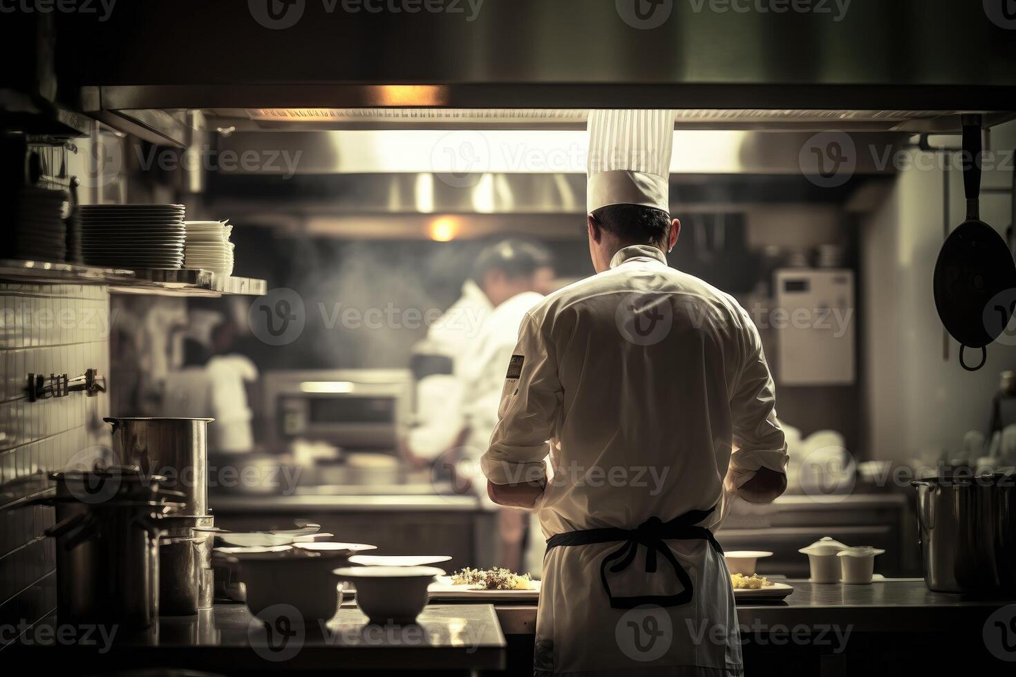 Chef preparing food in the kitchen of a restaurant. photo