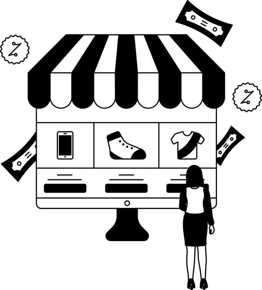 Flat Style Online Shopping Concept In Black and White Color. vector