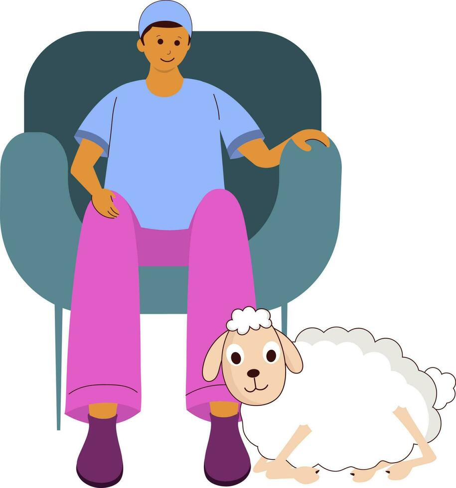 Islamic Young Man Sitting At Sofa And Cartoon Sheep On White Background. vector