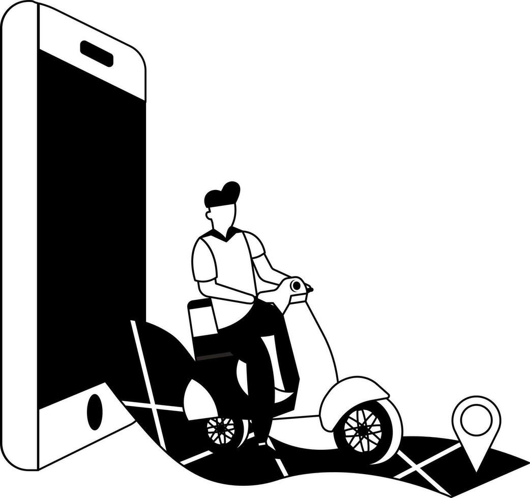 negro y blanco ilustración de entrega hombre montando scooter y ubicación pista mediante teléfono inteligente para en línea rastreo sistema concepto. vector