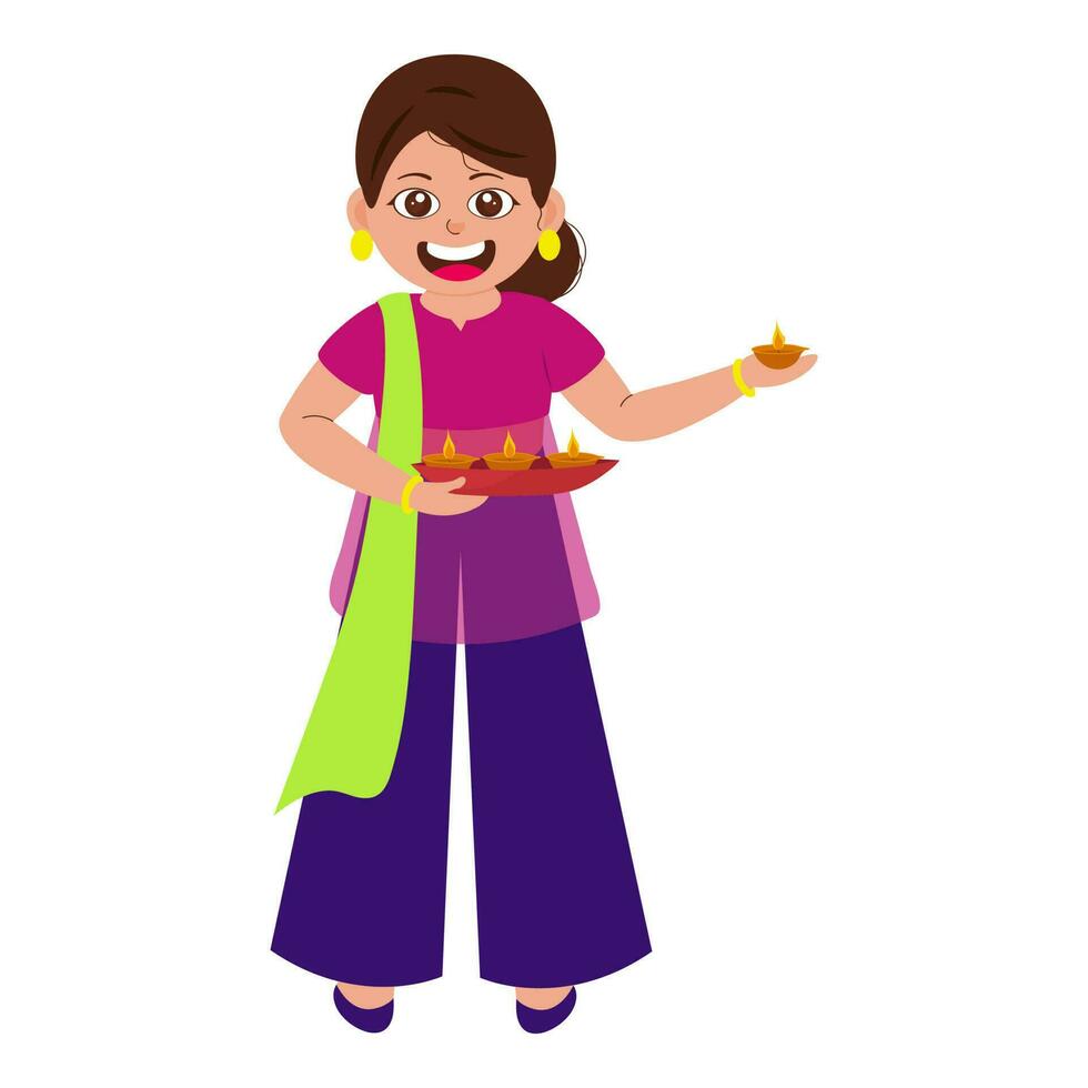 Cheerful Girl Standing With Plate Of Lit Oil Lamps Diya On White Background. vector