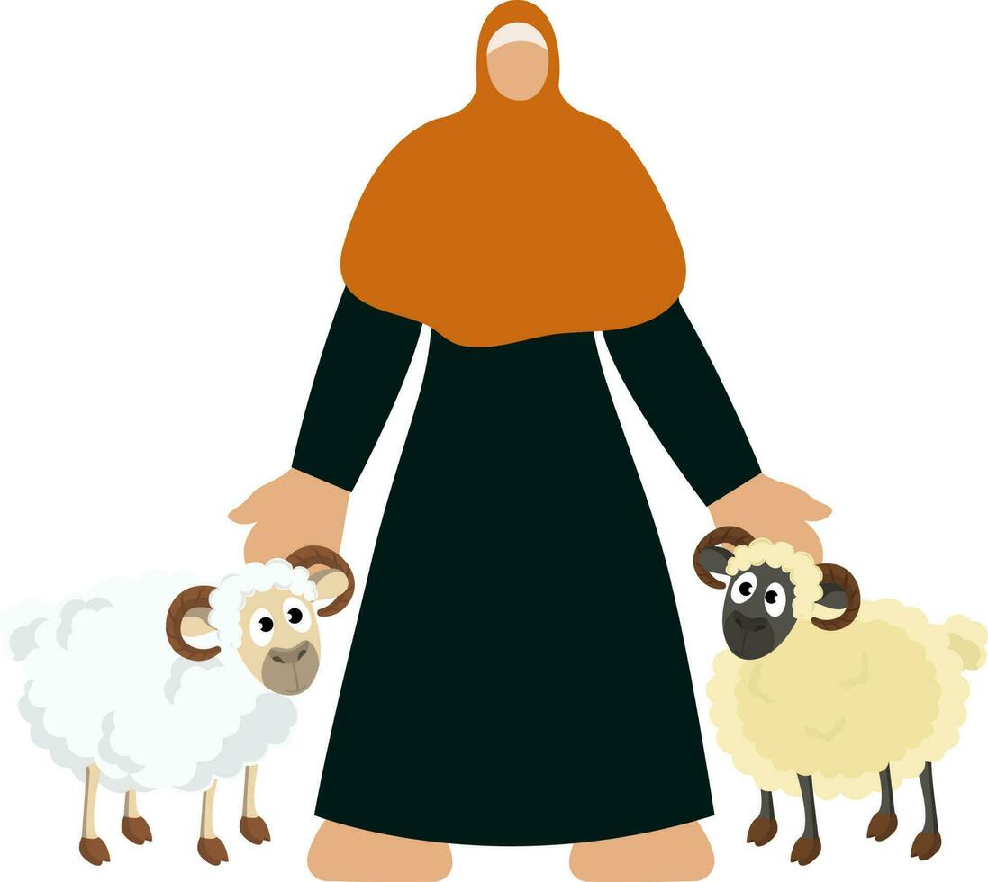 Faceless Islamic Young Woman Standing With Two Sheep Animal On White Background. vector