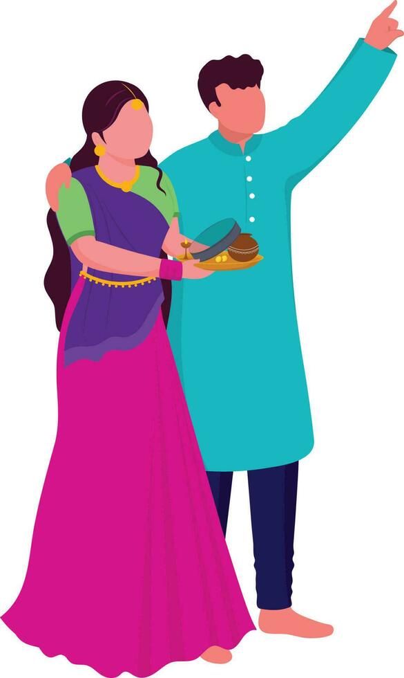 Faceless Indian Man Showing Something Moon To His Wife On The Occasion Of Karva Chauth Festival. vector
