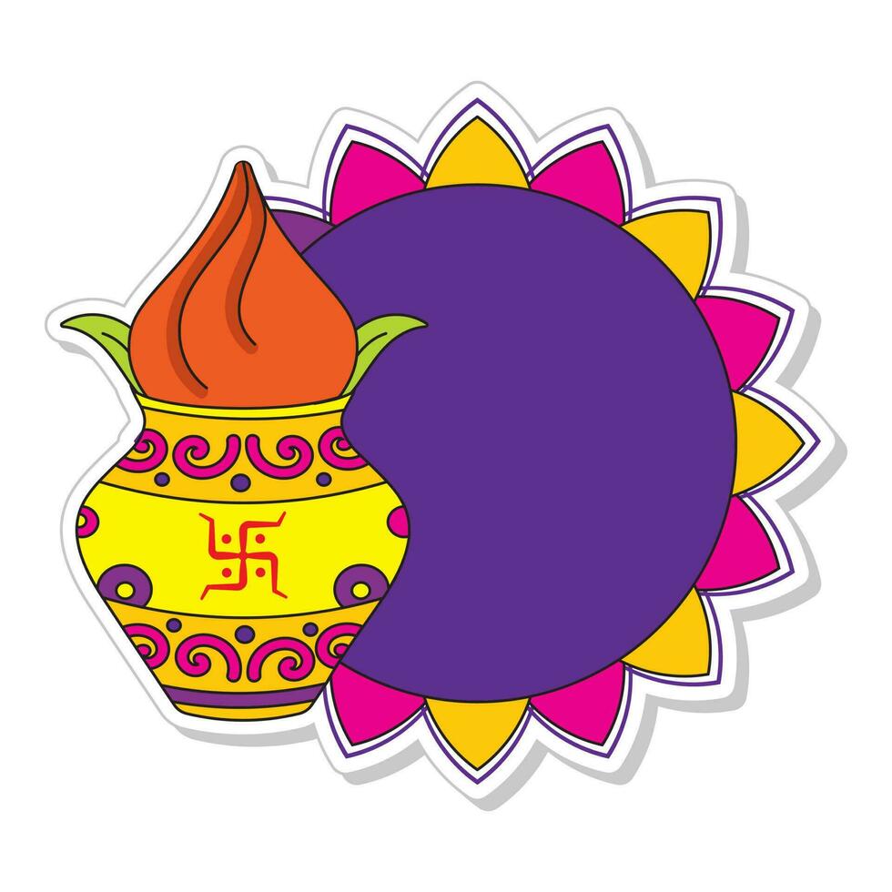 Sticker Style Traditional Pot Kalash With Empty Circular Frame On White Background. vector