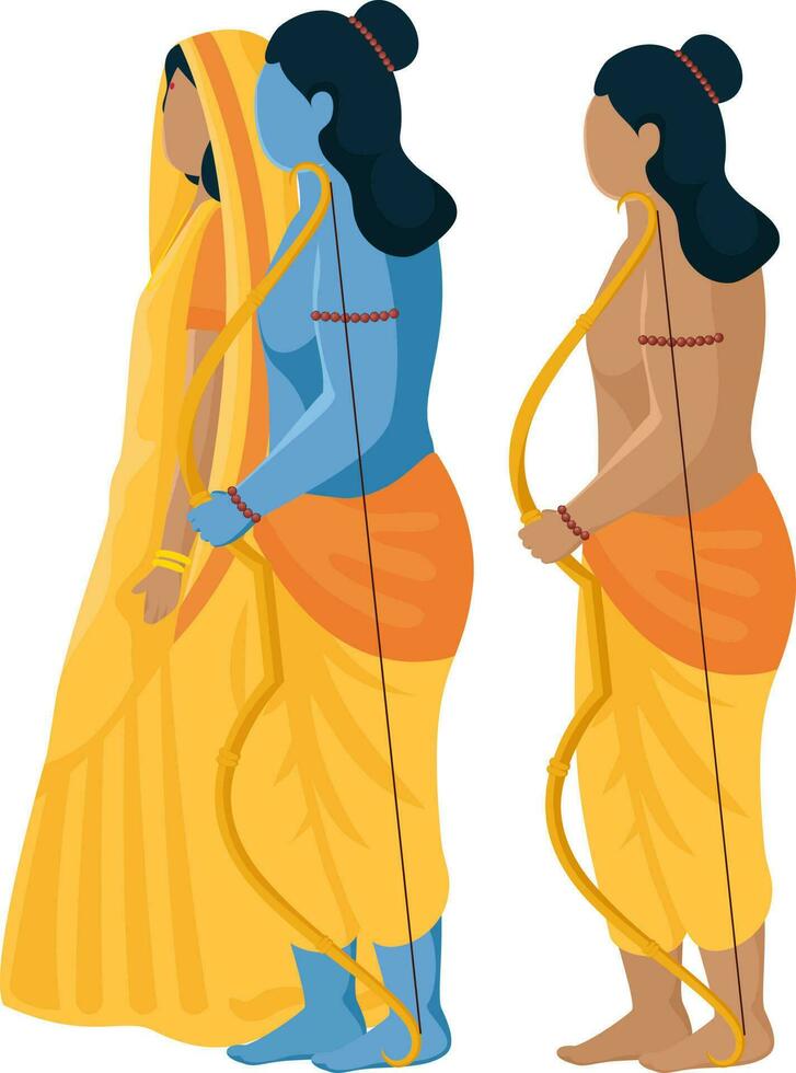 Side View Of Hindu Mythology Lord Rama With His Wife Sita, Little Brother Lakshmana Character On White Background. vector