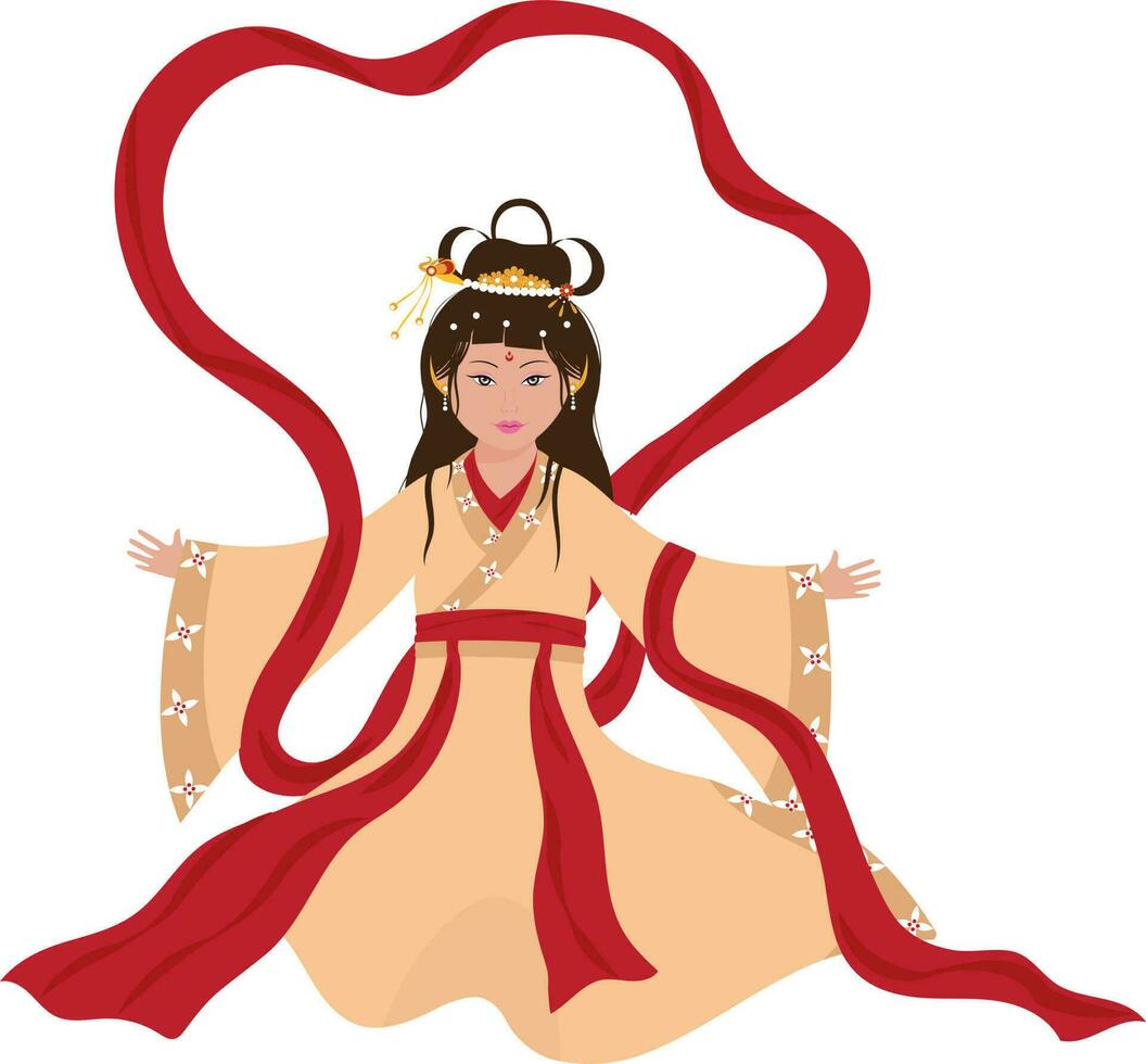 Character Of Chinese Goddess Wearing Costume In Red And Peach Color. vector