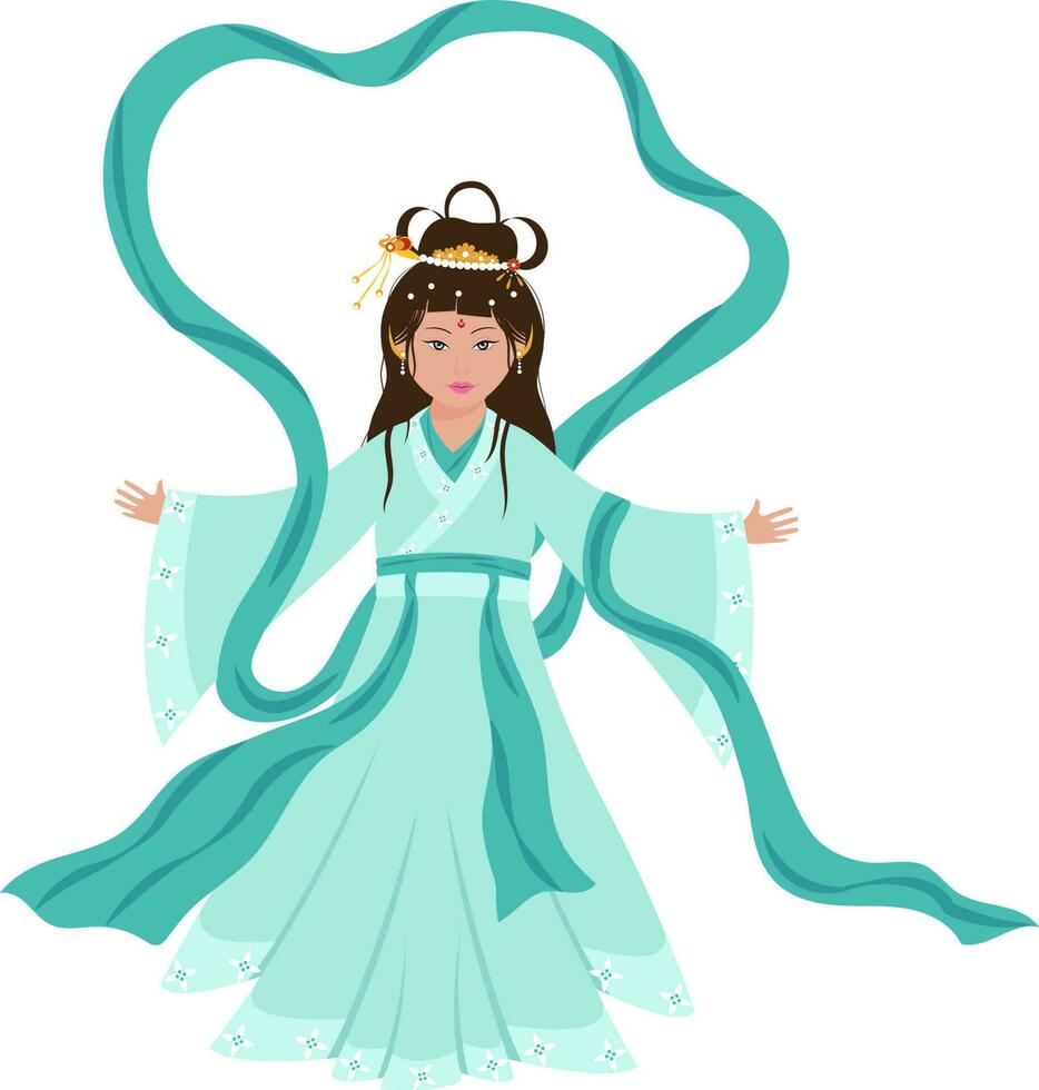 Character Of Chinese Goddess Wearing Costume In Turquoise Color. vector