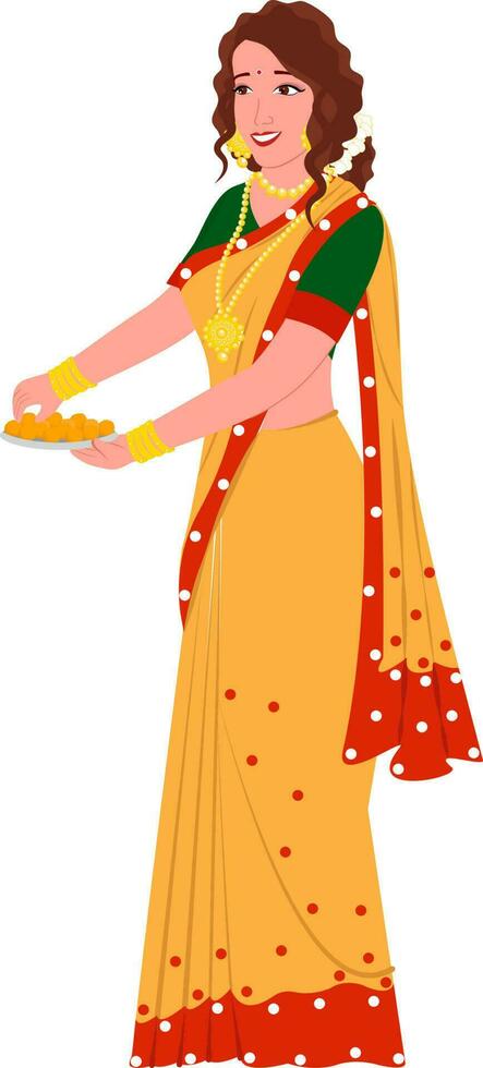 Beautiful Indian Woman Holding Plate Of Sweet Laddu In Standing Pose. vector
