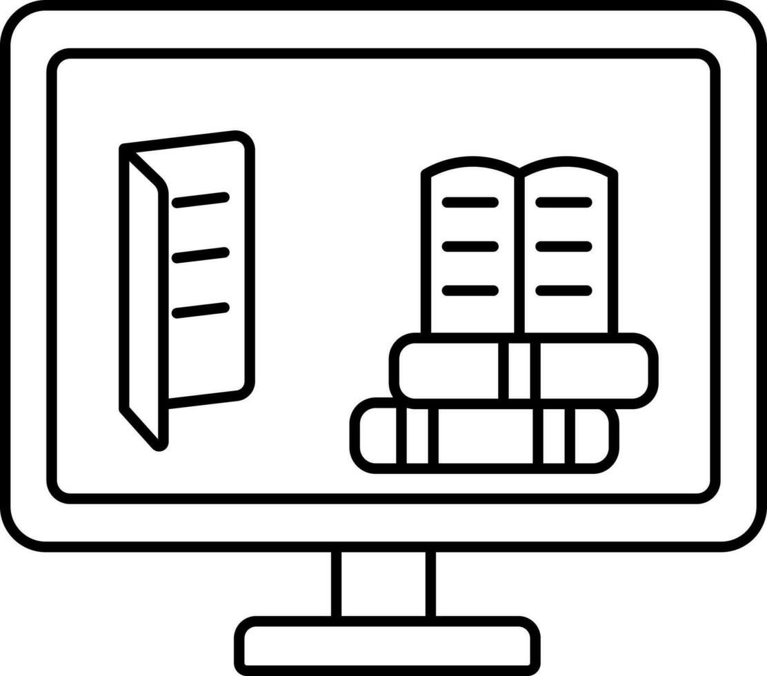 E- Learning From Desktop Icon In Black Line Art. vector