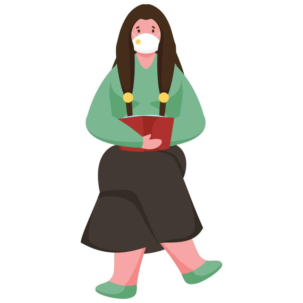 Woman Read A Book With Wear Safety Mask In Sitting Pose. vector