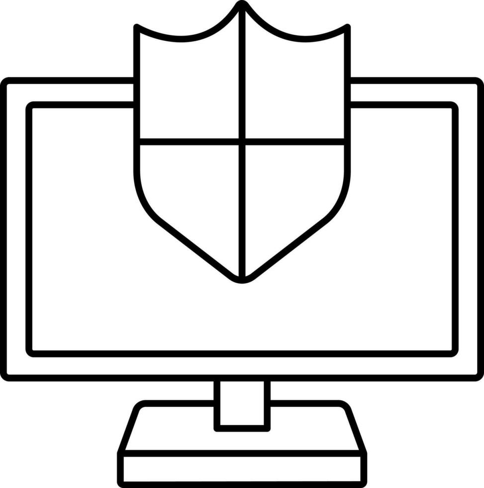 Desktop With Security Shield Icon In Linear Style. vector