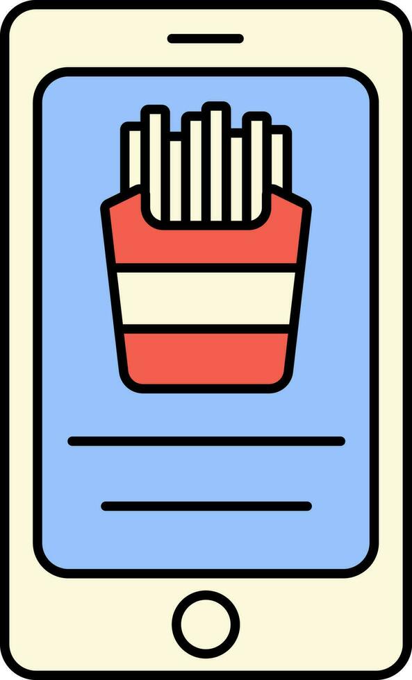 francés papas fritas caja en teléfono inteligente pantalla para en línea comida compras rojo y azul icono. vector