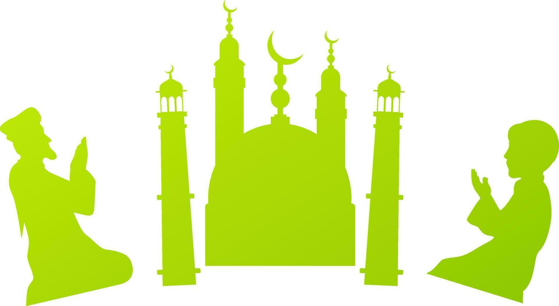Flat illustration of green Mosque with praying muslim people. vector
