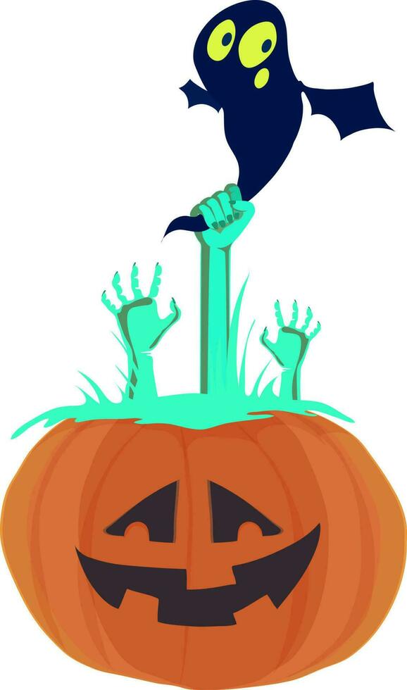 Halloween pumpkin with zombie hands and bat. vector