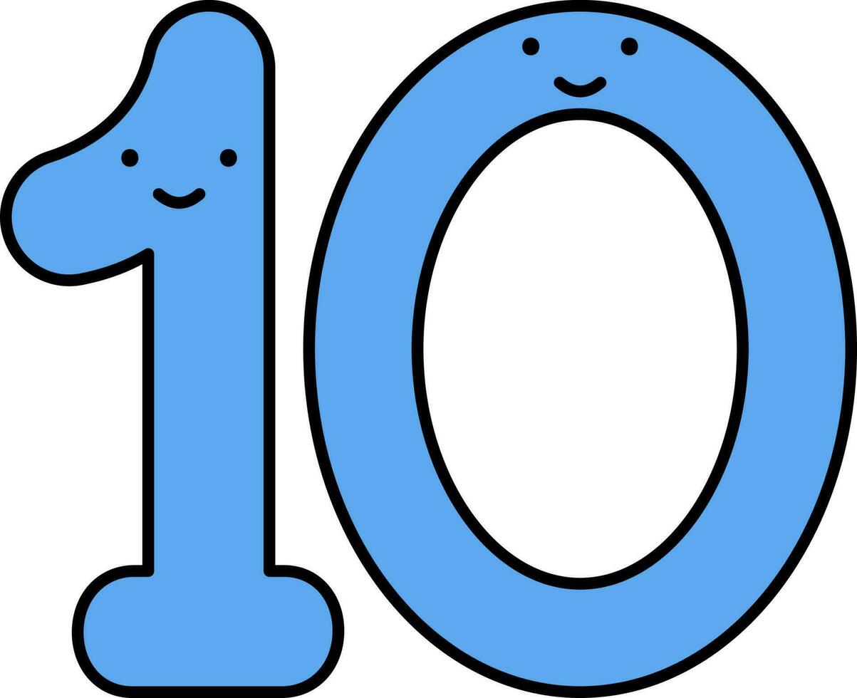 Cute Ten10 Number Cartoon Face Icon In Blue Color. vector