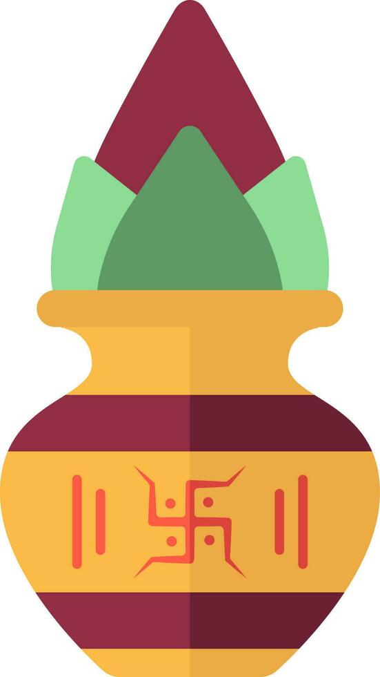 Swastika Symbol Worship Pot Kalash Red And Yellow Icon. vector