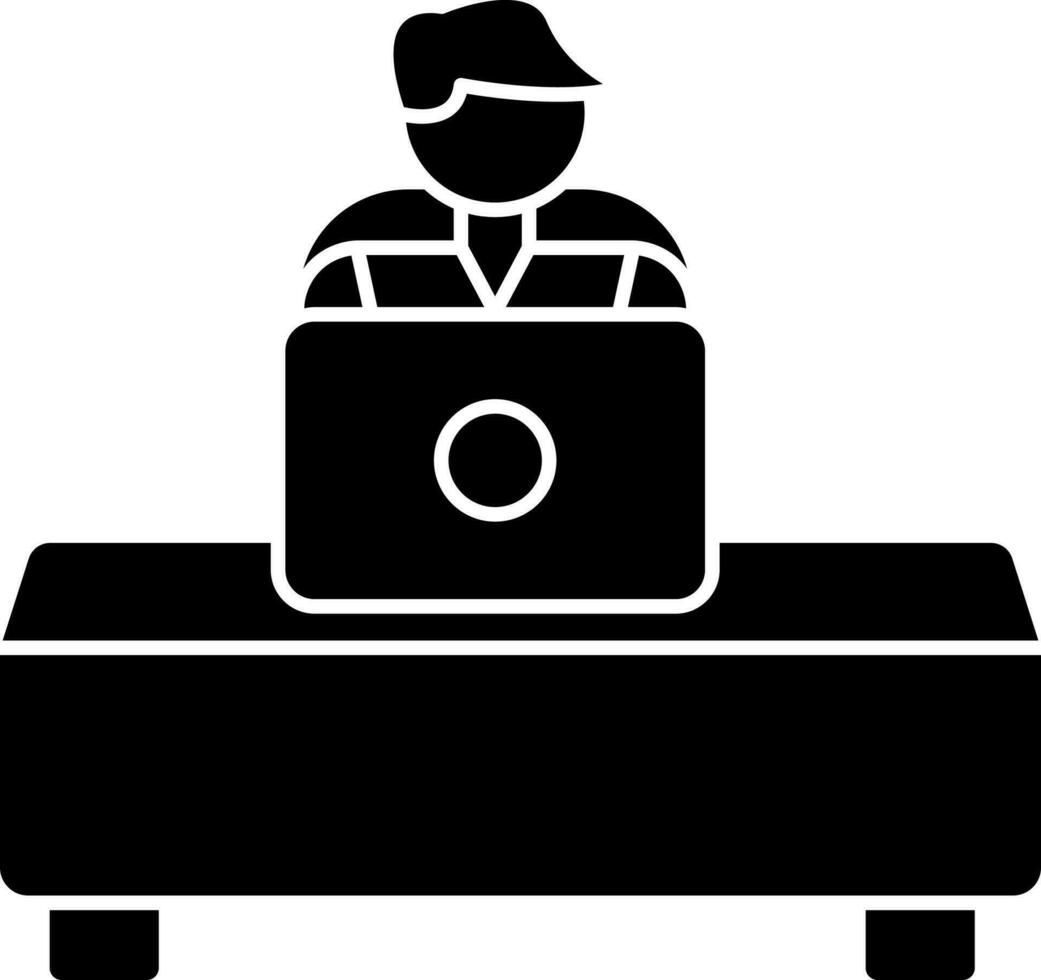 Man Working On Laptop Icon In Black and White Color. vector