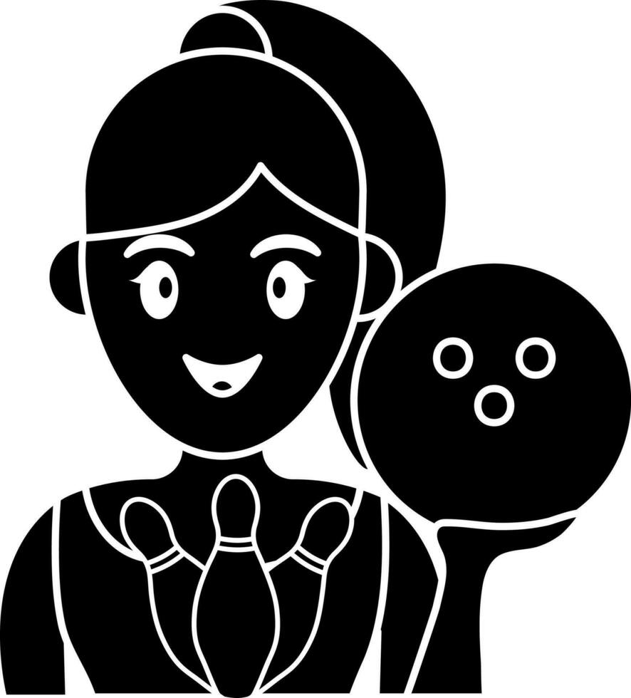Young Girl Holding Ball And Bowling Pin Icon In Black and White Color. vector