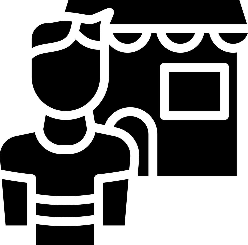 Shop With Man Icon In Black and White Color. vector