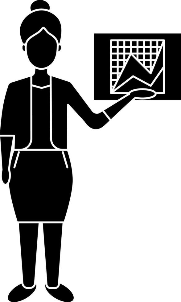 mujer de negocios presentación gráfico icono en negro y blanco color. vector