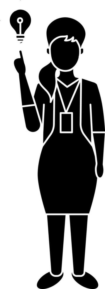 mujer de negocios pensar un idea icono en negro y blanco color. vector