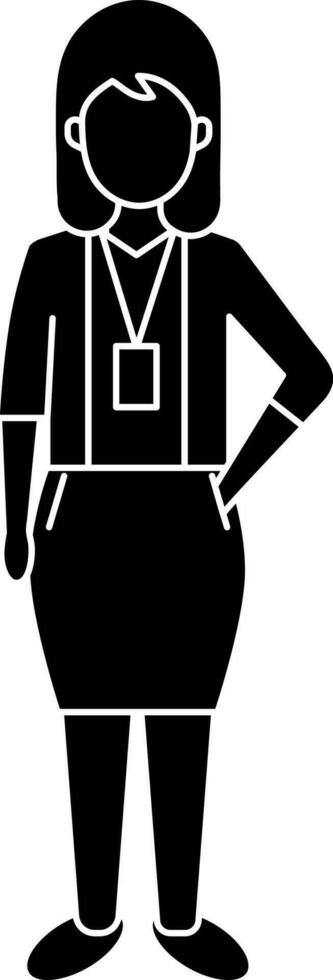 Businesswoman Wearing ID Card Icon In Black and White Color. vector