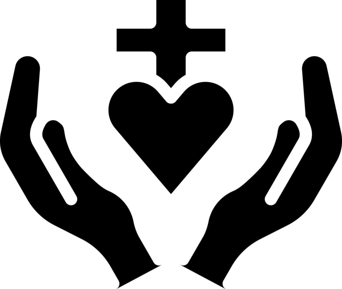 Christian Cross With Praying Hands Icon In Black and White. vector