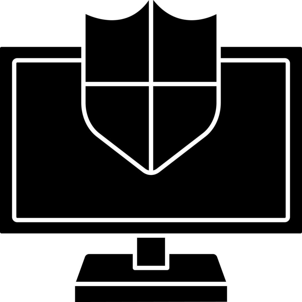 Desktop With Security Shield Icon In Glyph Style. vector