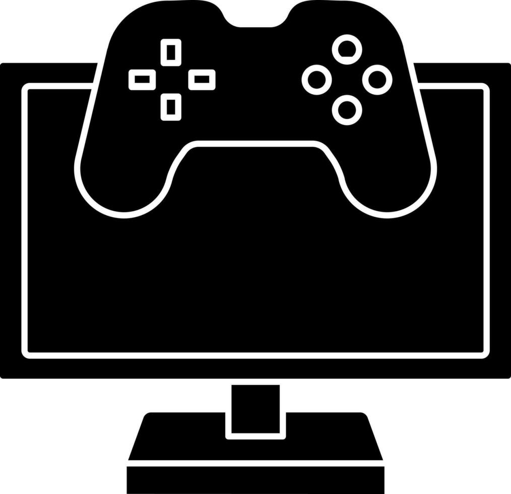 Computer With Video Game Icon Or Symbol In Black And White Color. vector