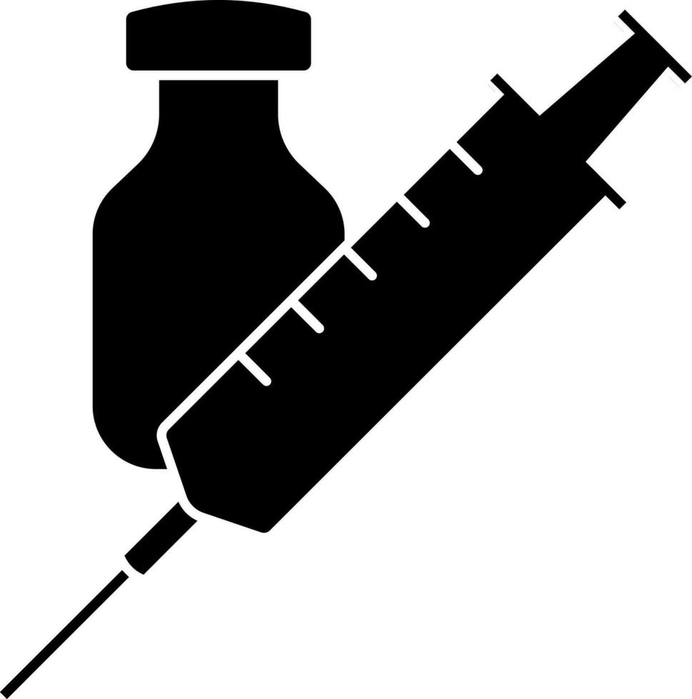 Vaccine Bottle With Syringe Icon In Black And White Color. vector