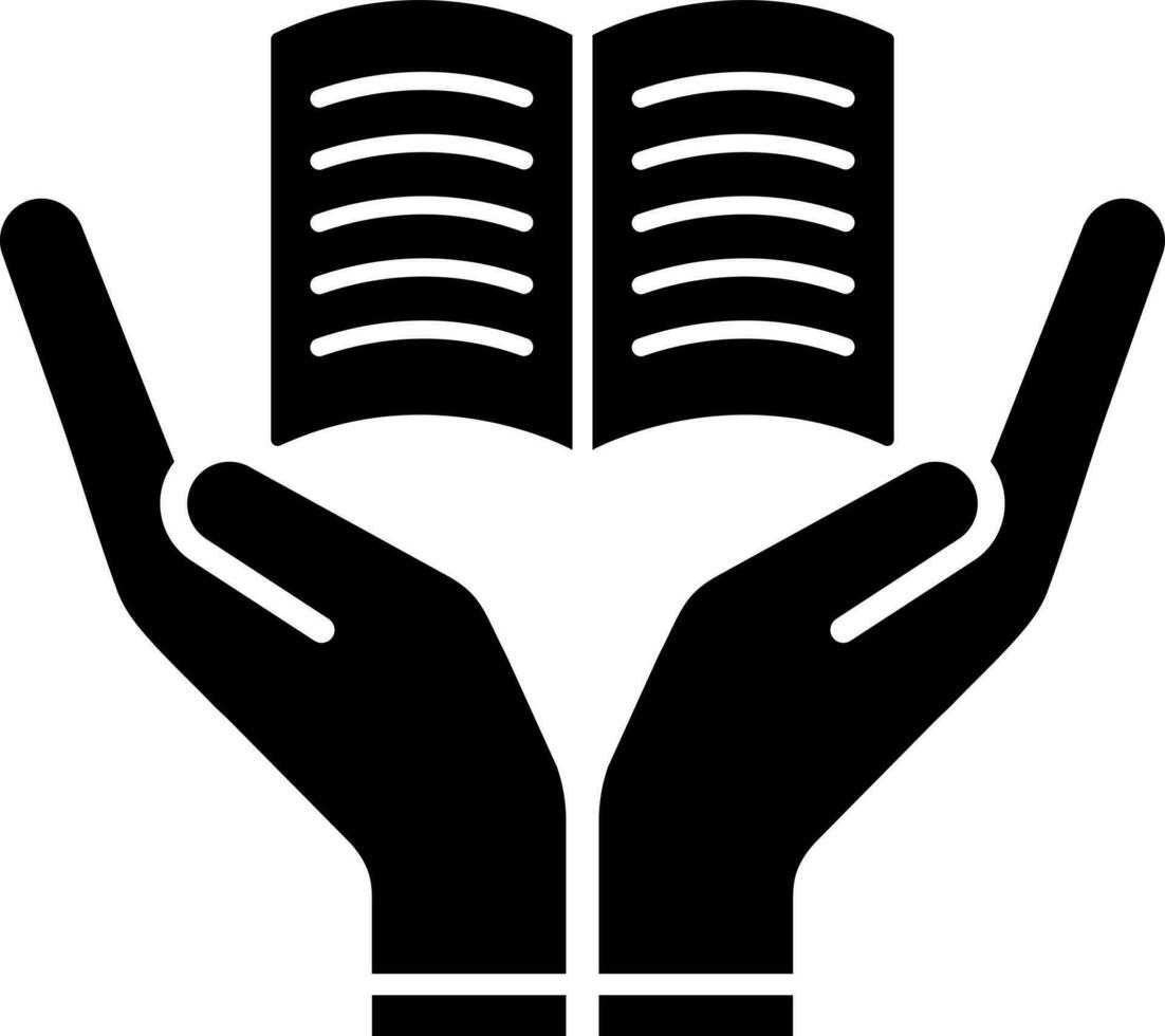 Hand holding open book glyph icon. vector