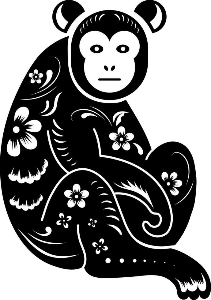 Chinese zodiac monkey icon in Black and White color. vector