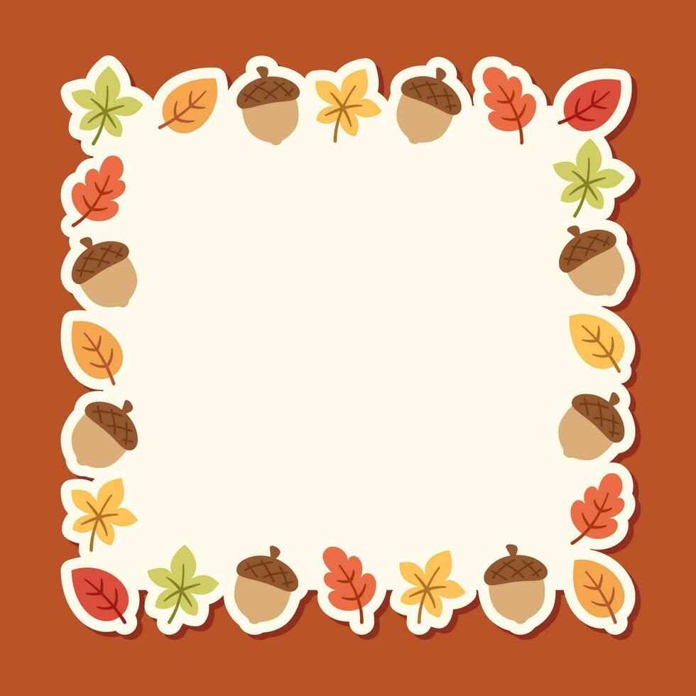 Autumn square frame with with leaves and acorns. Modern vector illustration. Halloween, Thanksgiving border template.
