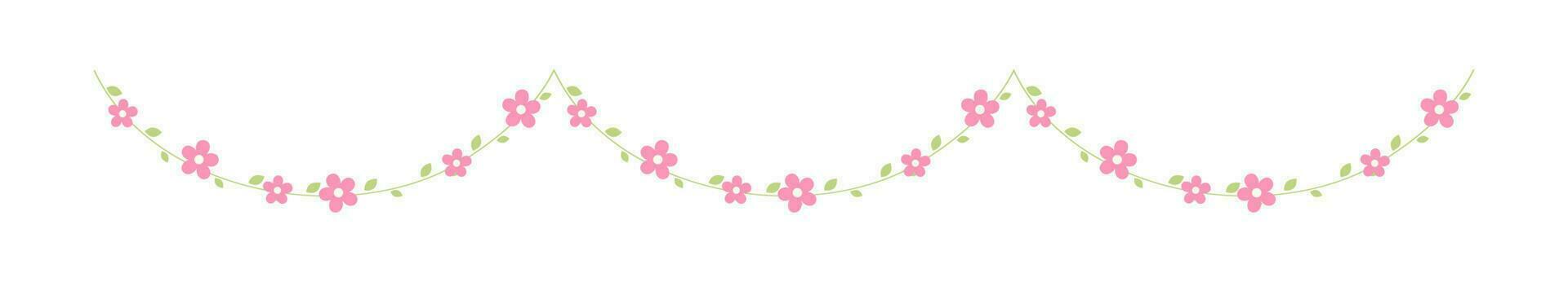 Hanging vines with pink flowers garland vector illustration. Simple minimal floral botanical design elements for spring.