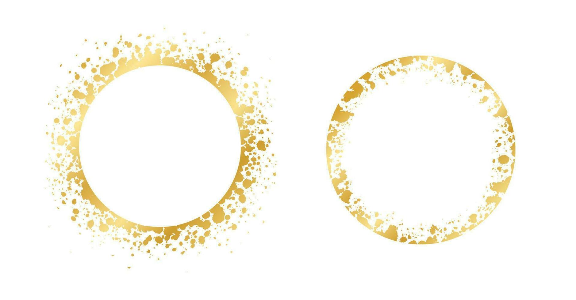 Abstract Round Gold Ink Splatter Frame Set. Golden foil spray border template. vector