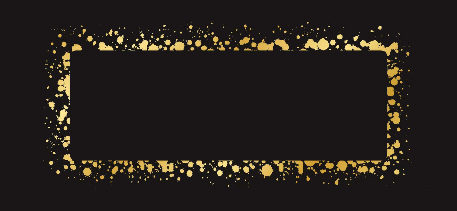 Abstract Rectangle Gold Ink Splatter Frame. Golden foil spray banner border template. vector