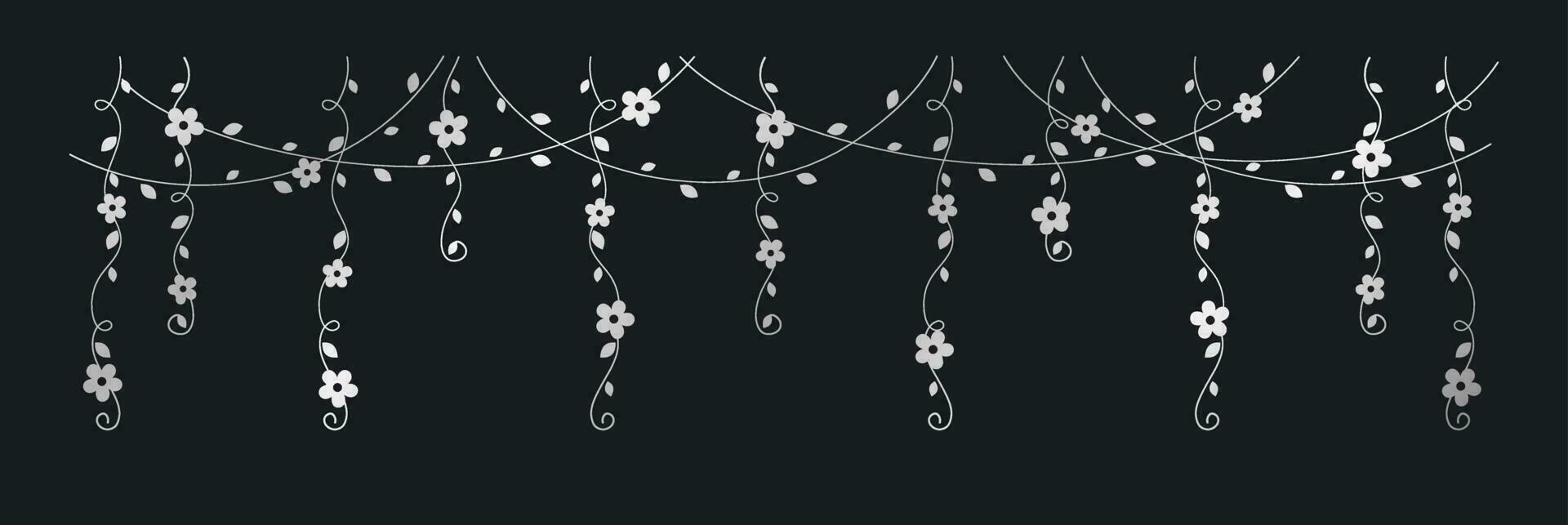 Silver vines with flowers vector illustration. Simple minimal golden floral botanical curtain design elements for spring.