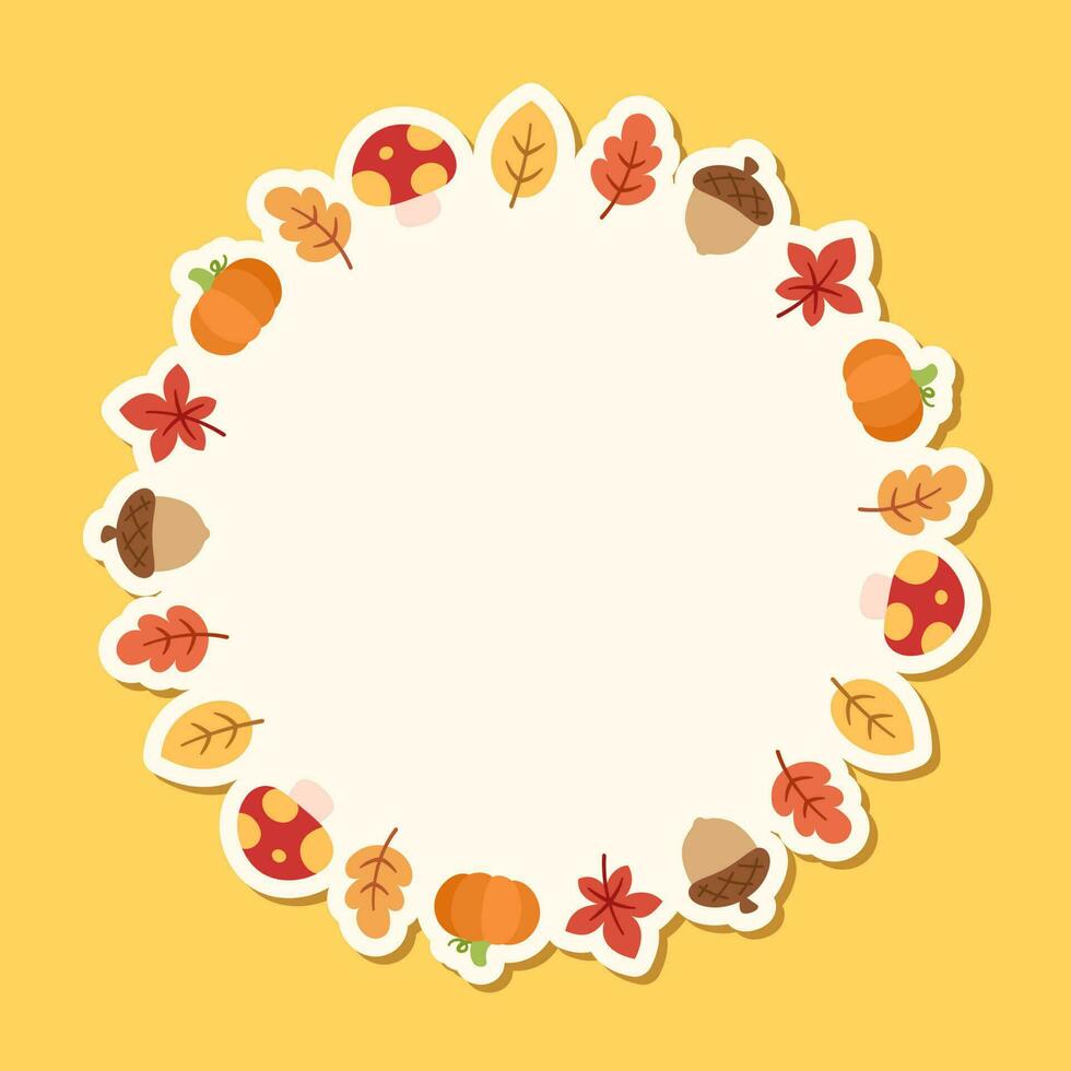 Round Autumn Frame with leaves, pumpkin and acorns. Wreath of fall elements, Halloween, Thanksgiving border template. Vector illustration.