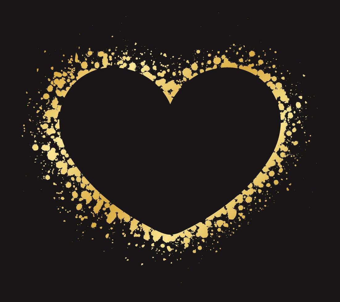 Abstract Heart Shaped Gold Ink Splatter Frame. Golden Valentines Day border template. vector