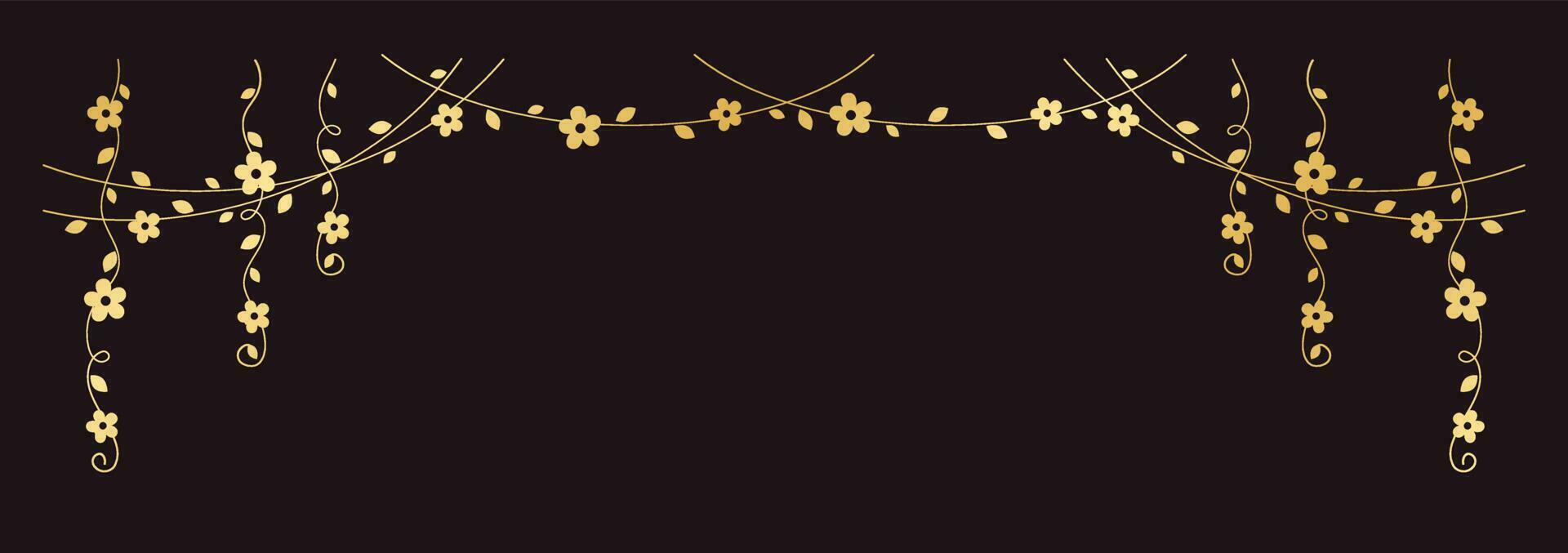 Gold vines with flowers vector illustration. Simple minimal golden floral botanical curtain design elements for spring.