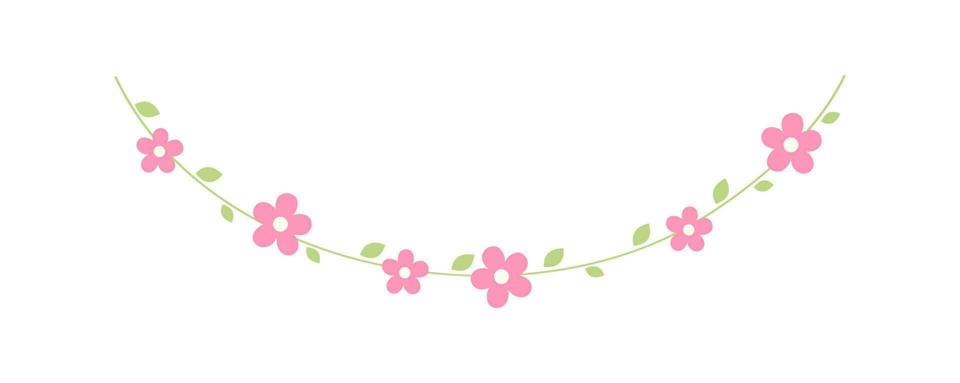 Hanging vines with pink flowers garland vector illustration. Simple minimal floral botanical design elements for spring.