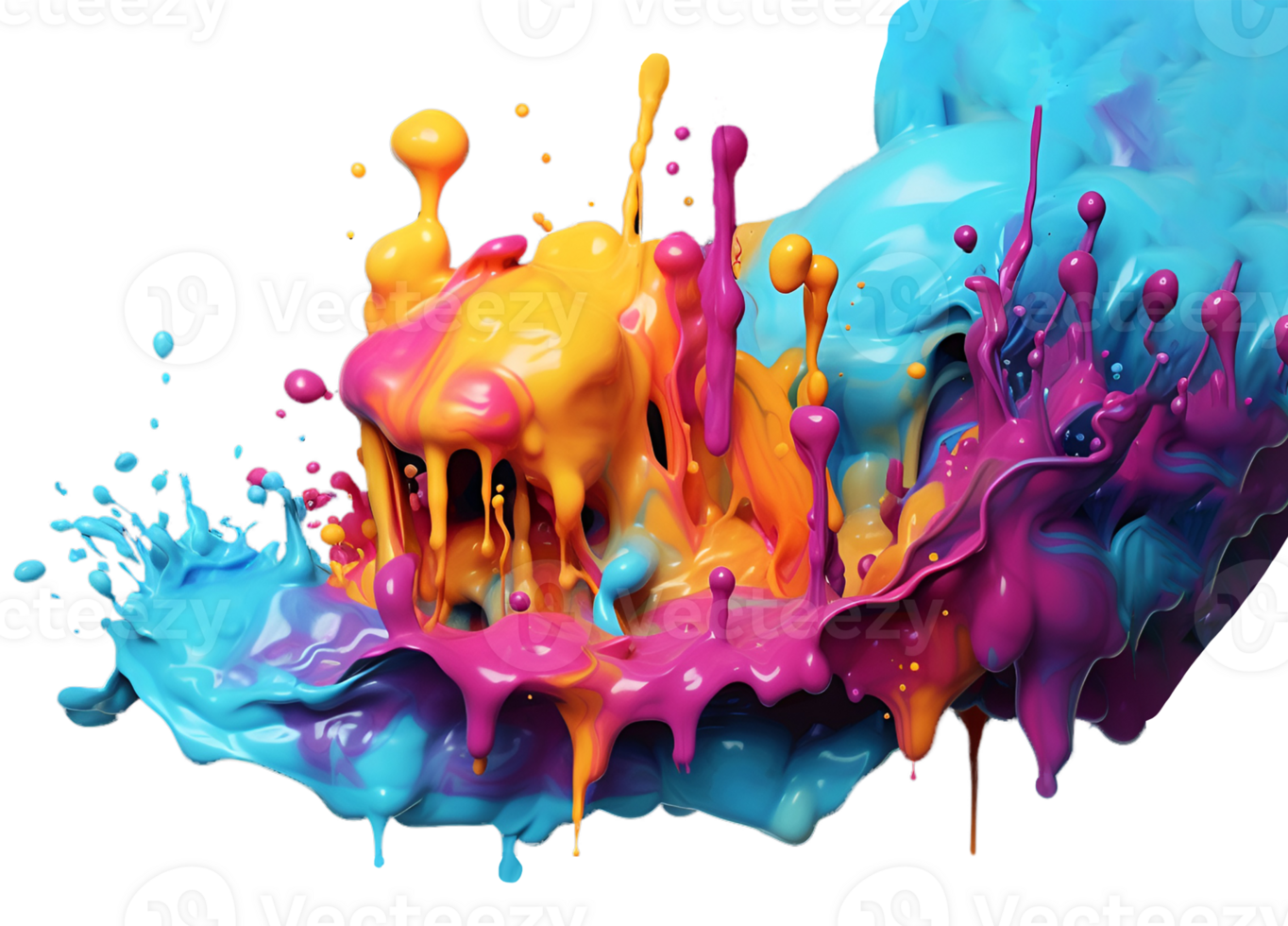 A paint explosion in Orange, pink, yellow and blue. Wet ink with drips and bolts. On a transparent background png